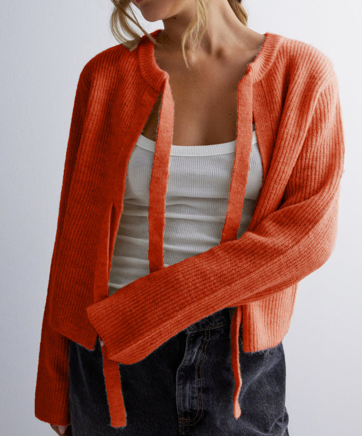 Double Bow Ribbed Knit Open Cardigan - Orange