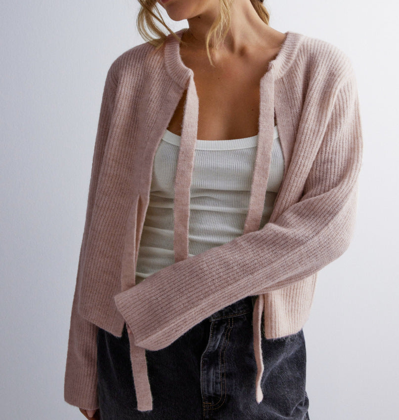 Double Bow Ribbed Knit Open Cardigan - Pink