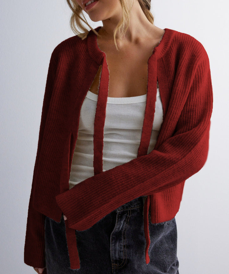 Double Bow Ribbed Knit Open Cardigan - Red