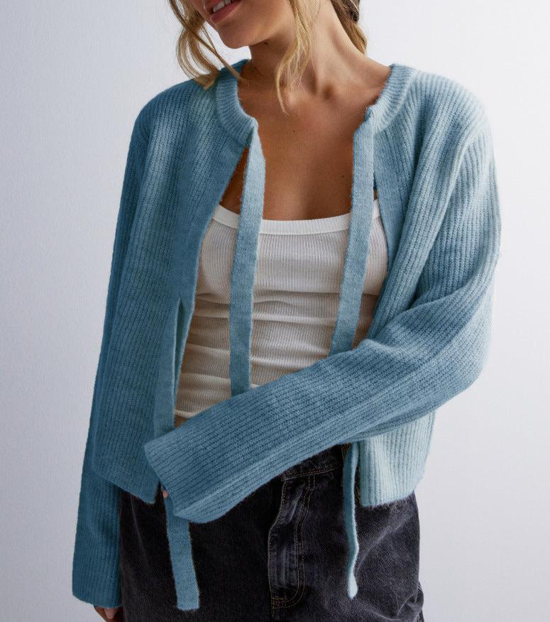 Double Bow Ribbed Knit Open Cardigan - blue