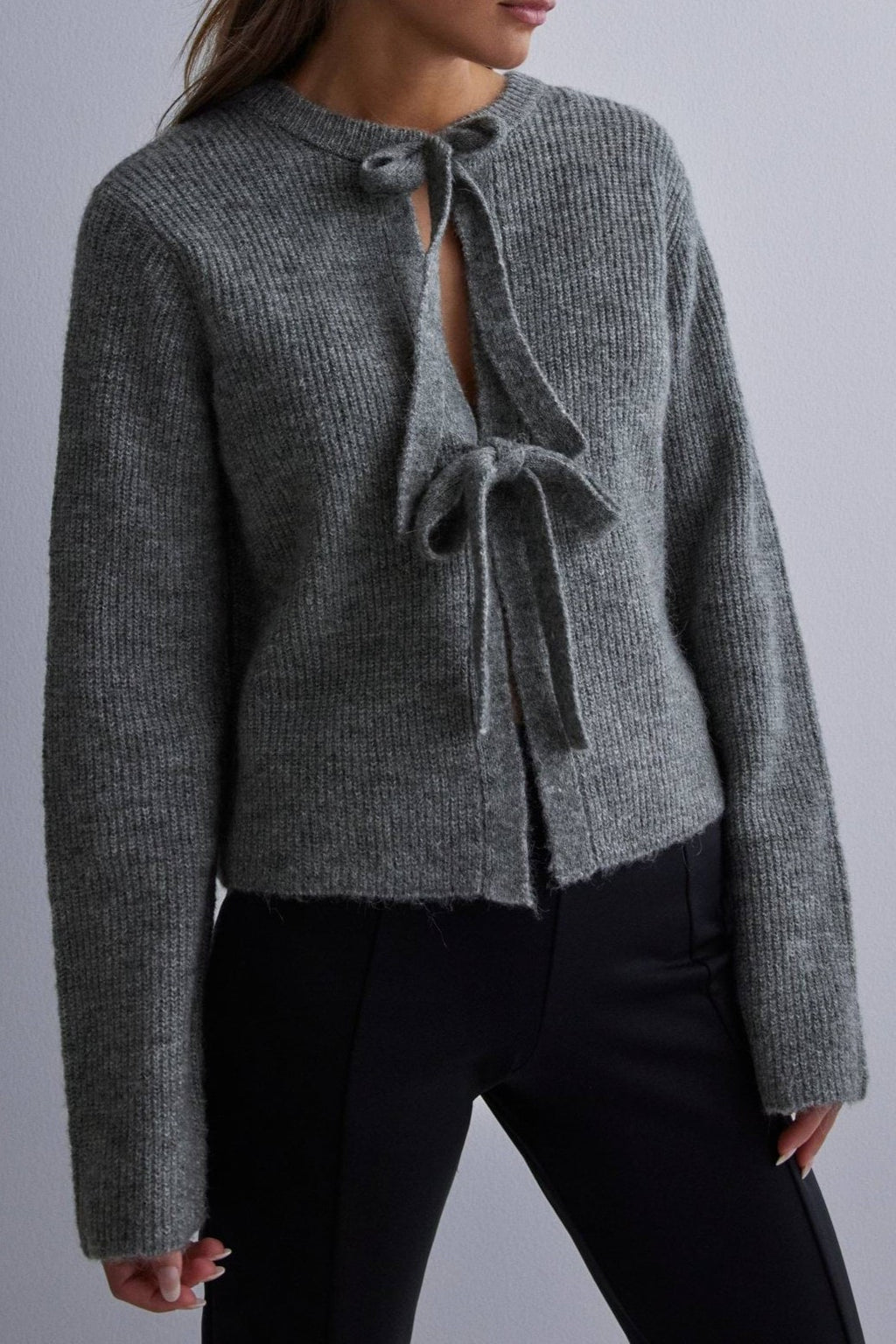 Double Bow Ribbed Knit Open Cardigan - grey