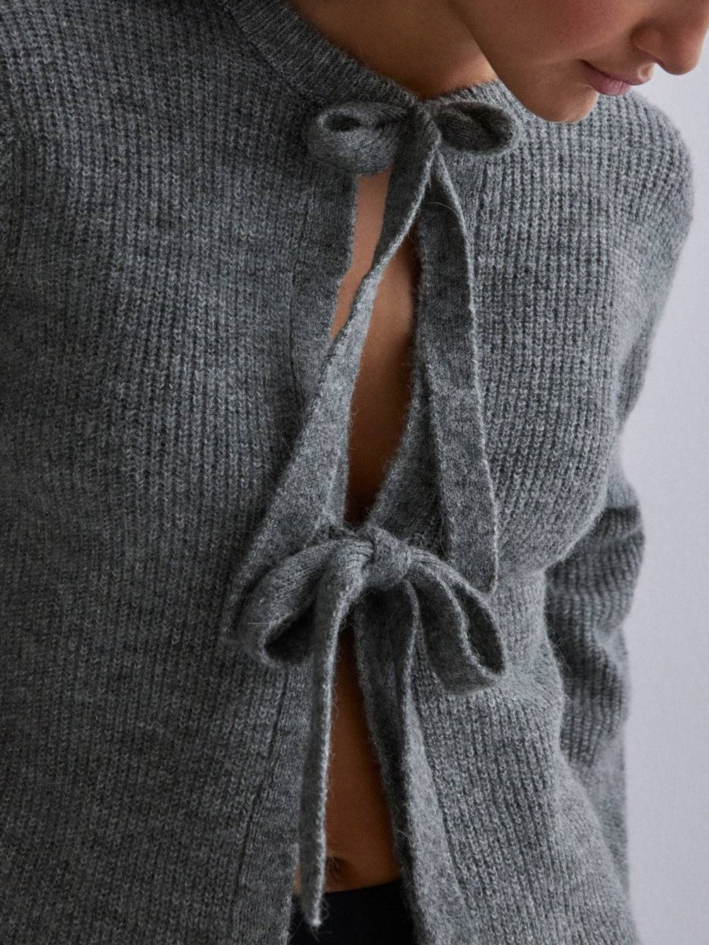 Double Bow Ribbed Knit Open Cardigan - grey - 1