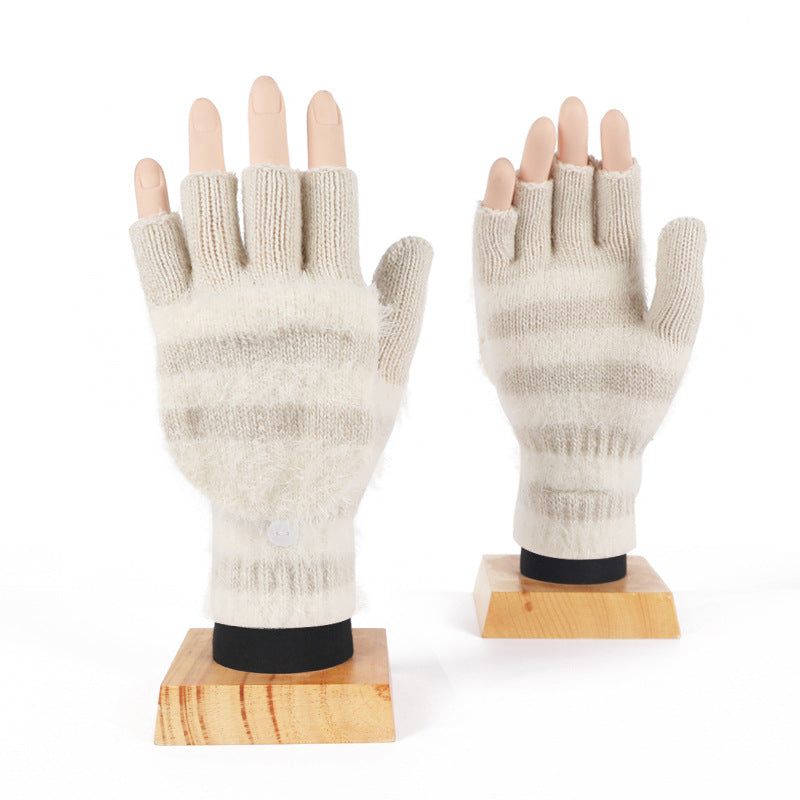 Striped Convertible Flip Top Fingerless Gloves - Beige