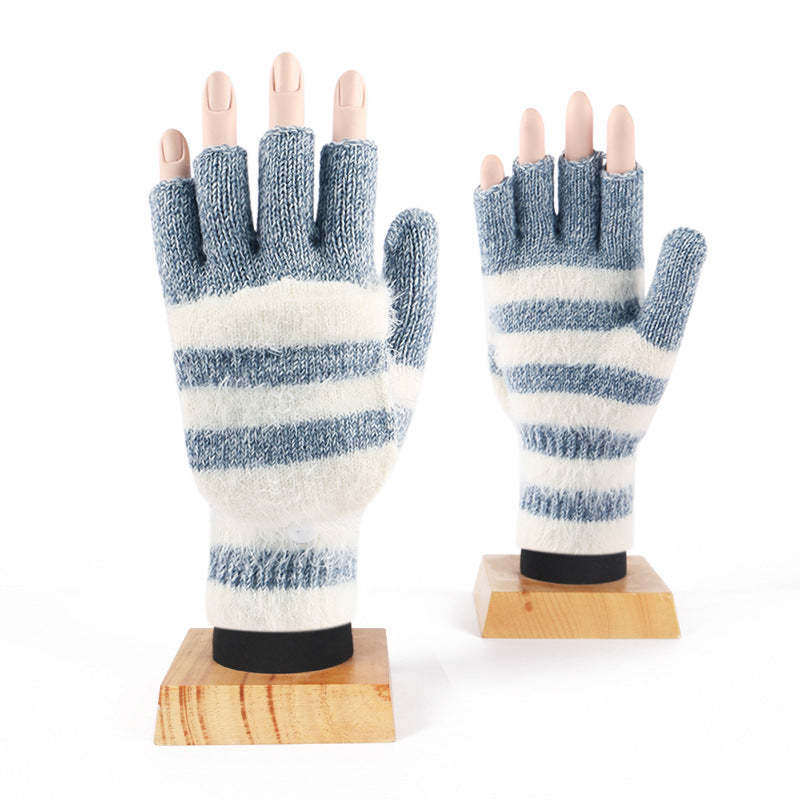Striped Convertible Flip Top Fingerless Gloves - Blue