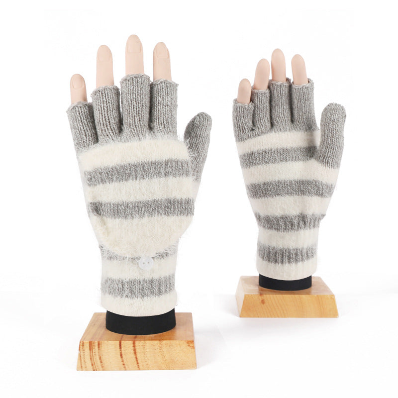 Striped Convertible Flip Top Fingerless Gloves - Grey