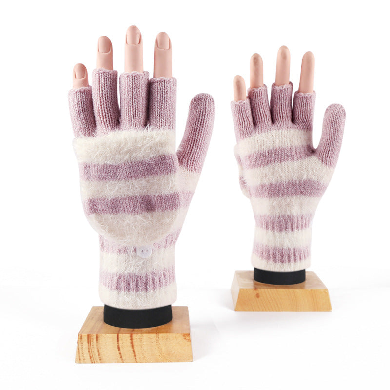Striped Convertible Flip Top Fingerless Gloves - Lavender