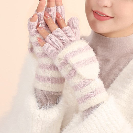 Striped Convertible Flip Top Fingerless Gloves - Lavender - 1