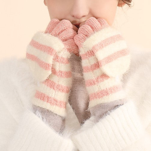 Striped Convertible Flip Top Fingerless Gloves - Pink