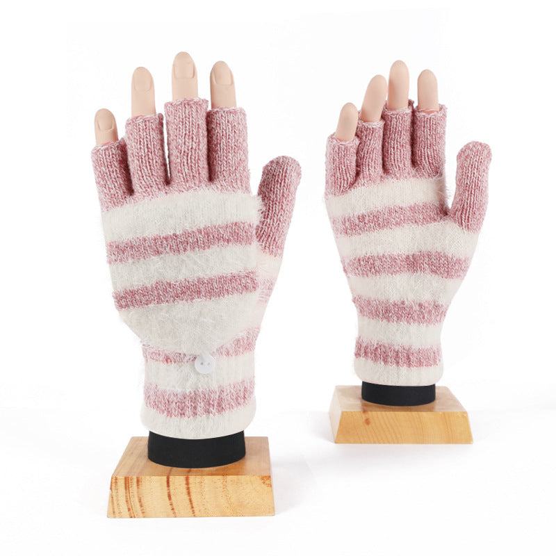 Striped Convertible Flip Top Fingerless Gloves - Pink - 1