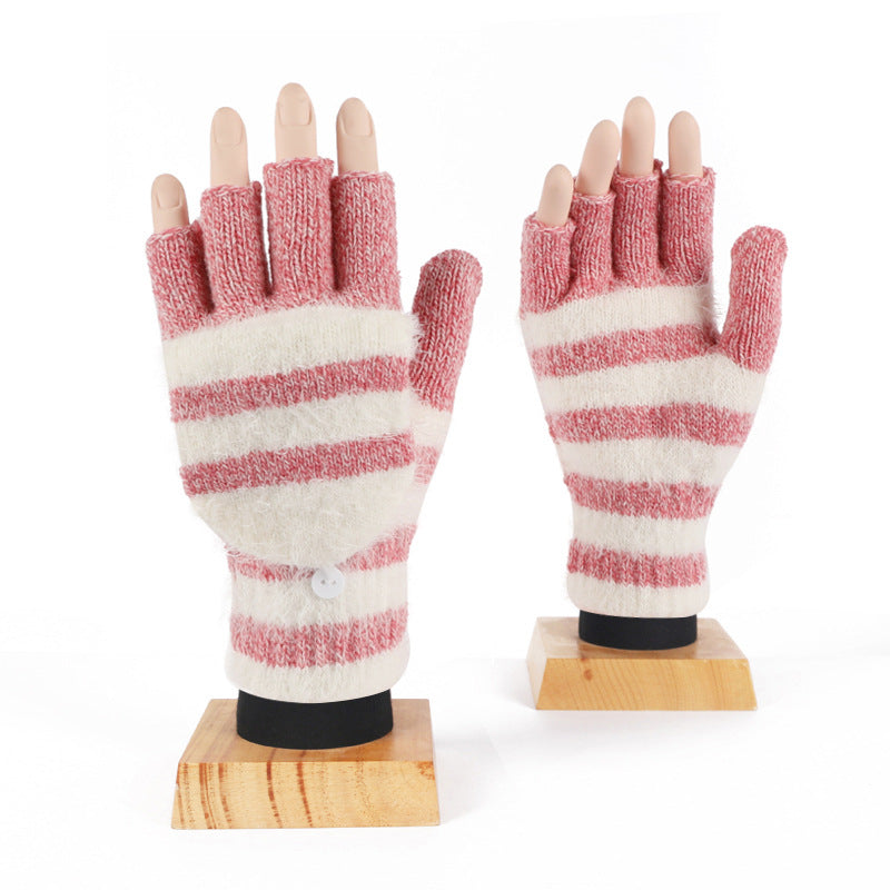 Striped Convertible Flip Top Fingerless Gloves - Rose