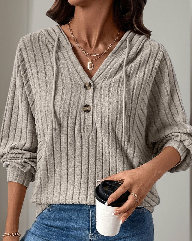 Ribbed Button Placket Hooded Knit Sweater - Khaki