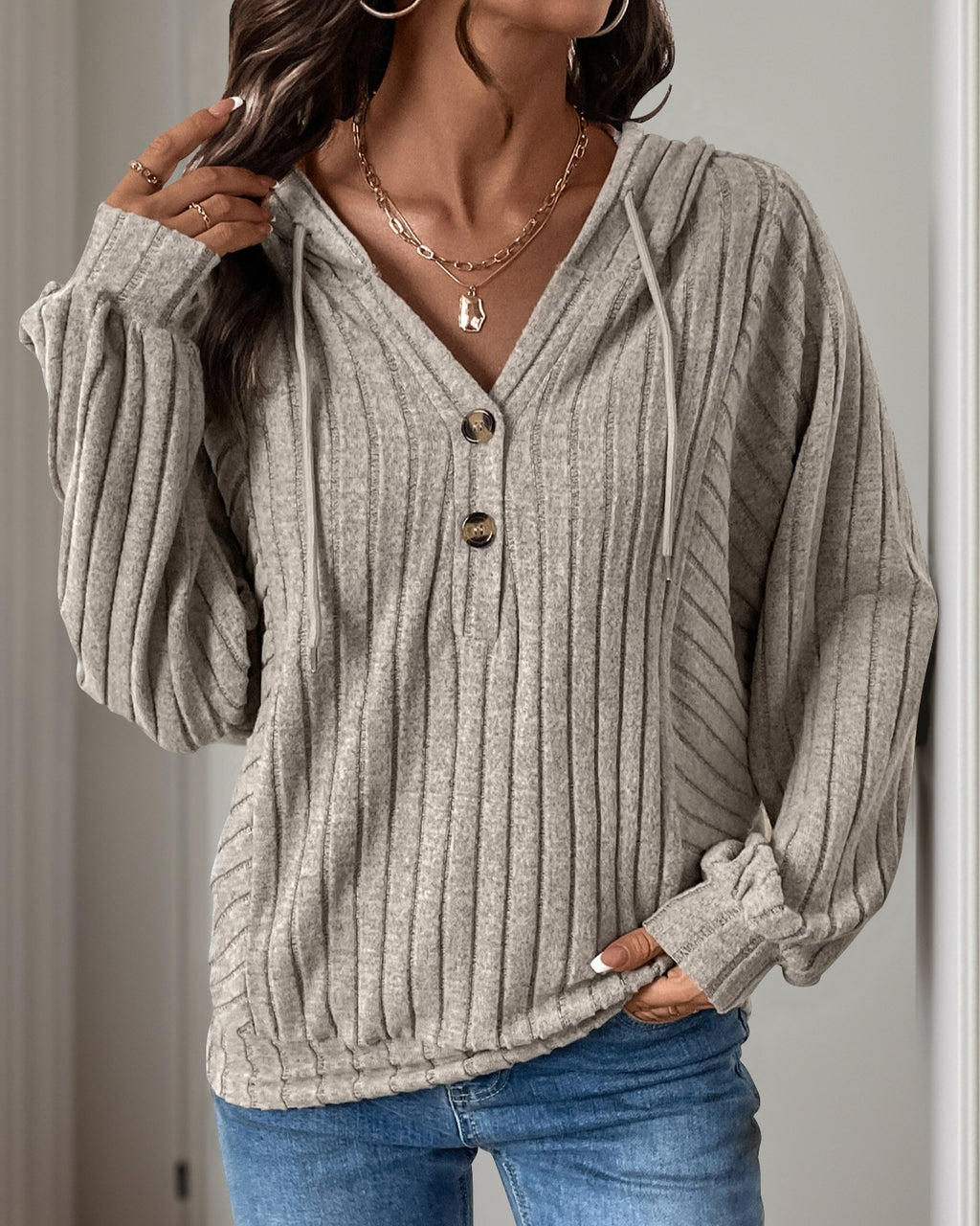 Ribbed Button Placket Hooded Knit Sweater - Khaki - 1