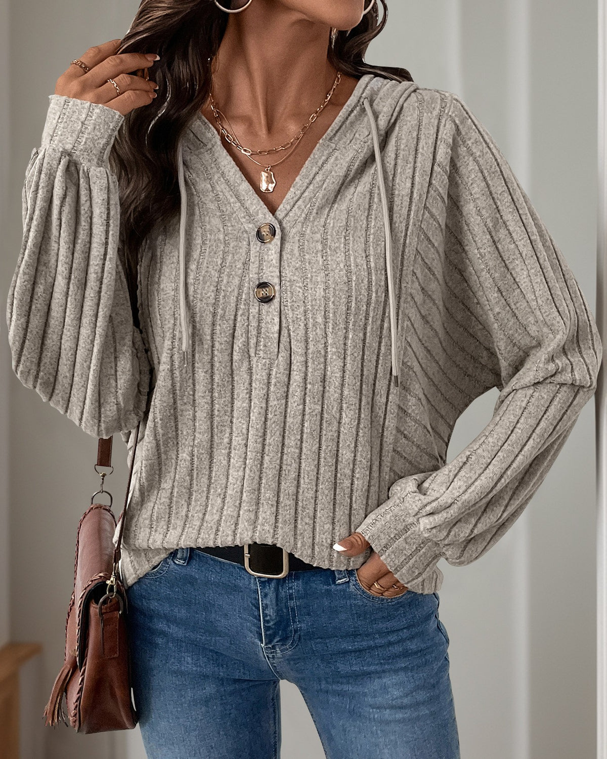 Ribbed Button Placket Hooded Knit Sweater - Khaki - 2