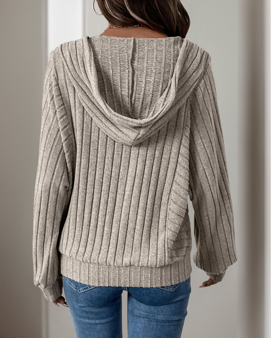 Ribbed Button Placket Hooded Knit Sweater - Khaki - 3