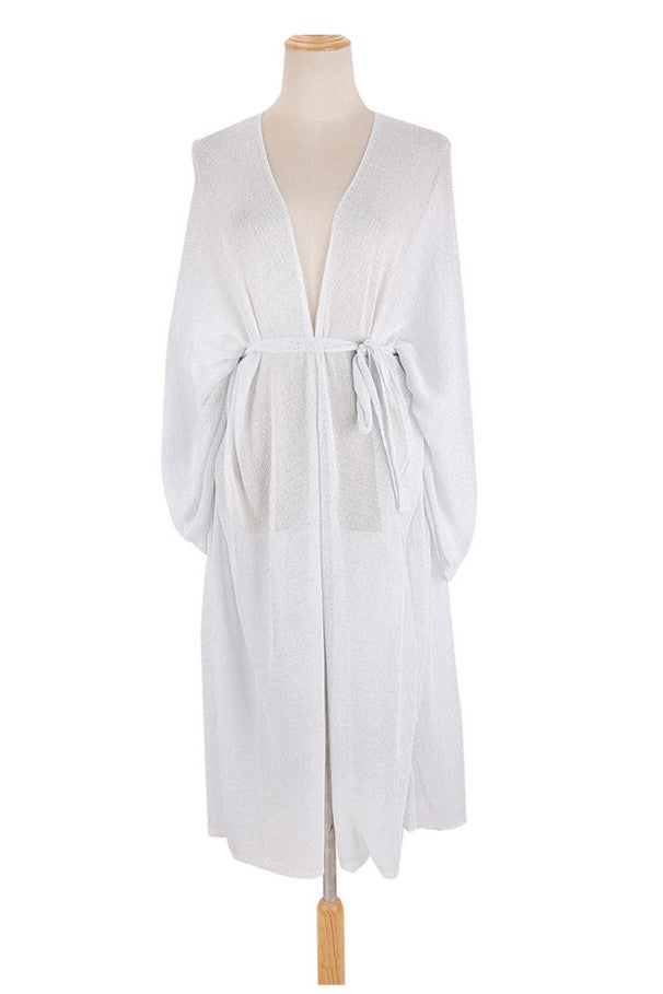 Sheer Sparkle Knit Long Beach Kimono - Silver - 2