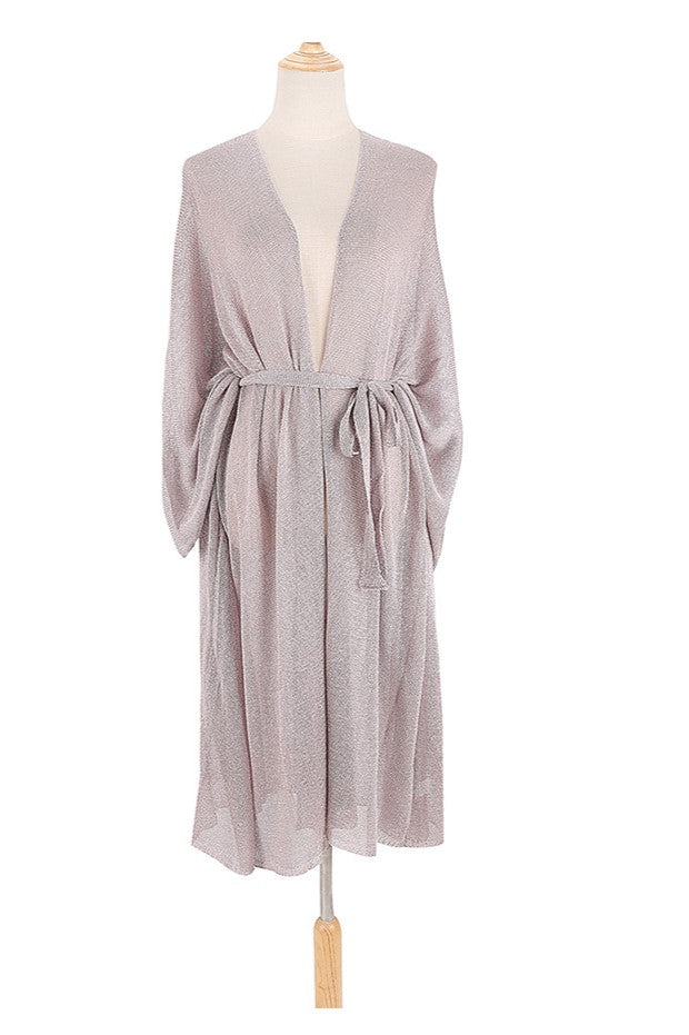 Sheer Sparkle Knit Long Beach Kimono - Silver - 3
