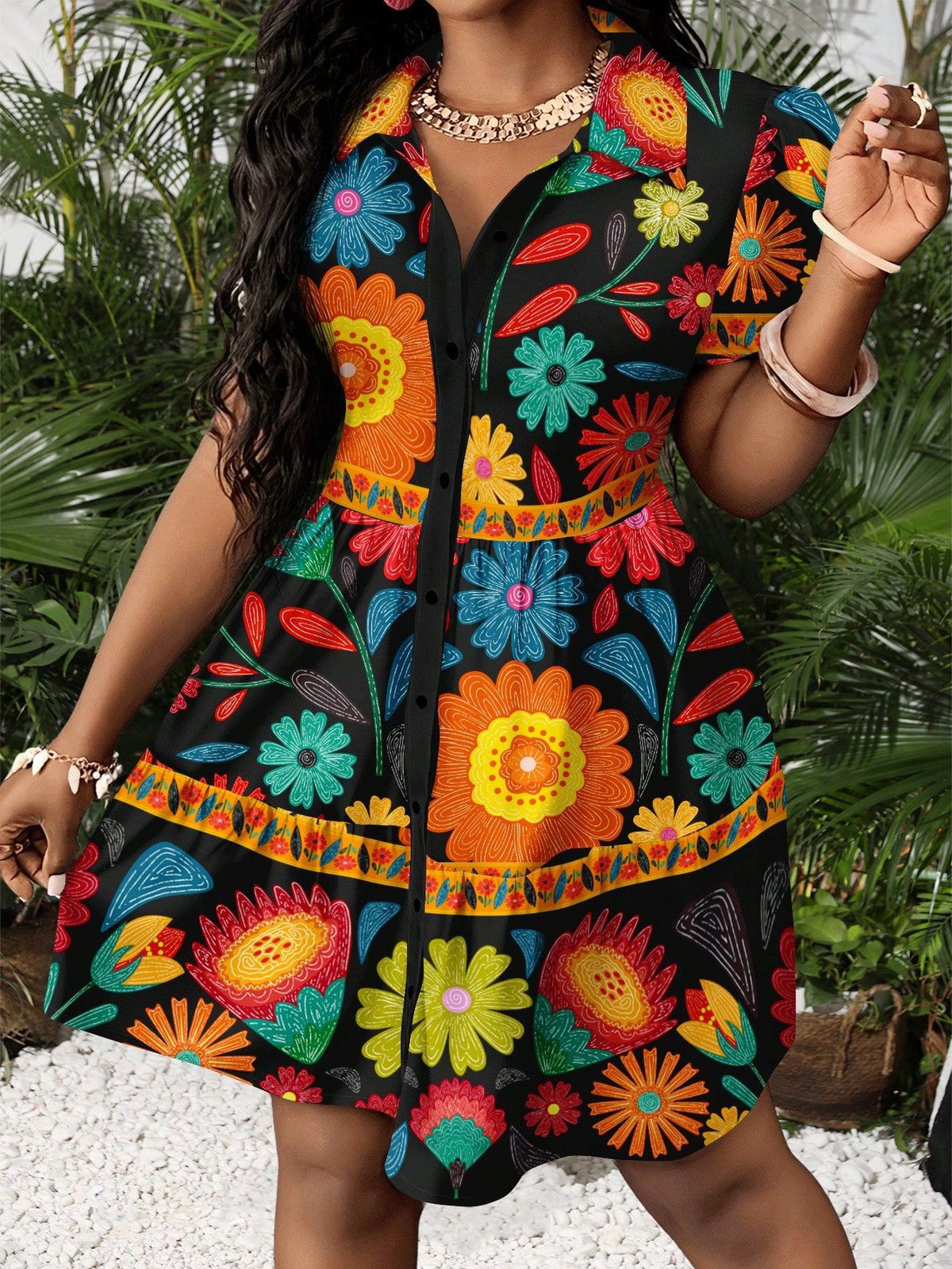Puff Sleeve Button Front Tiered Mini Dress - Black