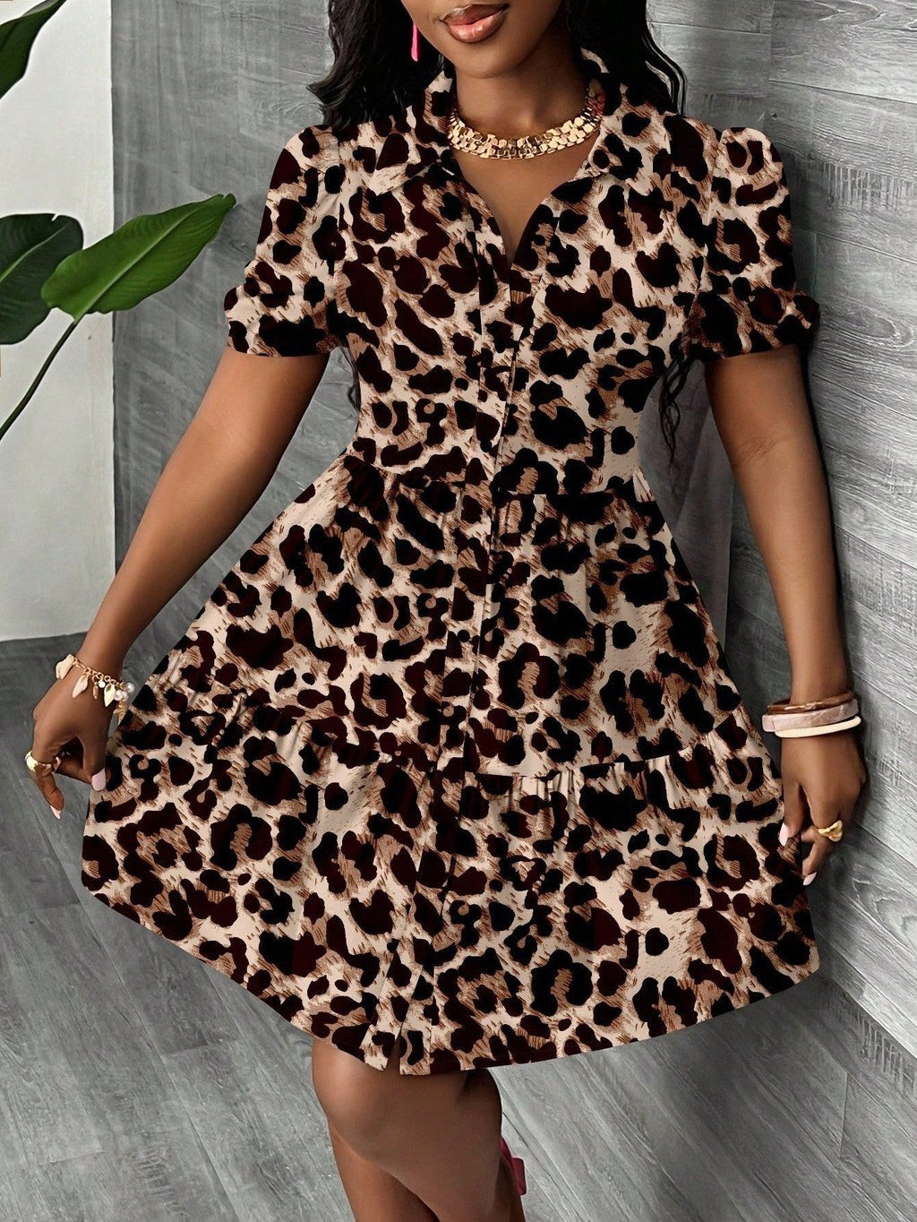 Puff Sleeve Button Front Tiered Mini Dress - Leopard - 1