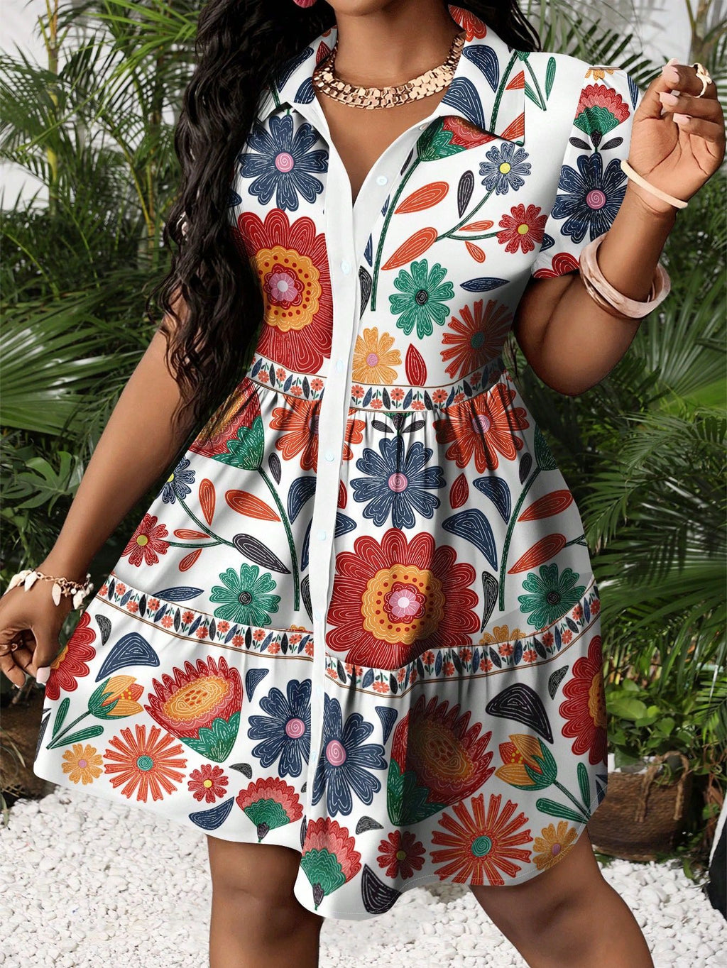 Puff Sleeve Button Front Tiered Mini Dress - White