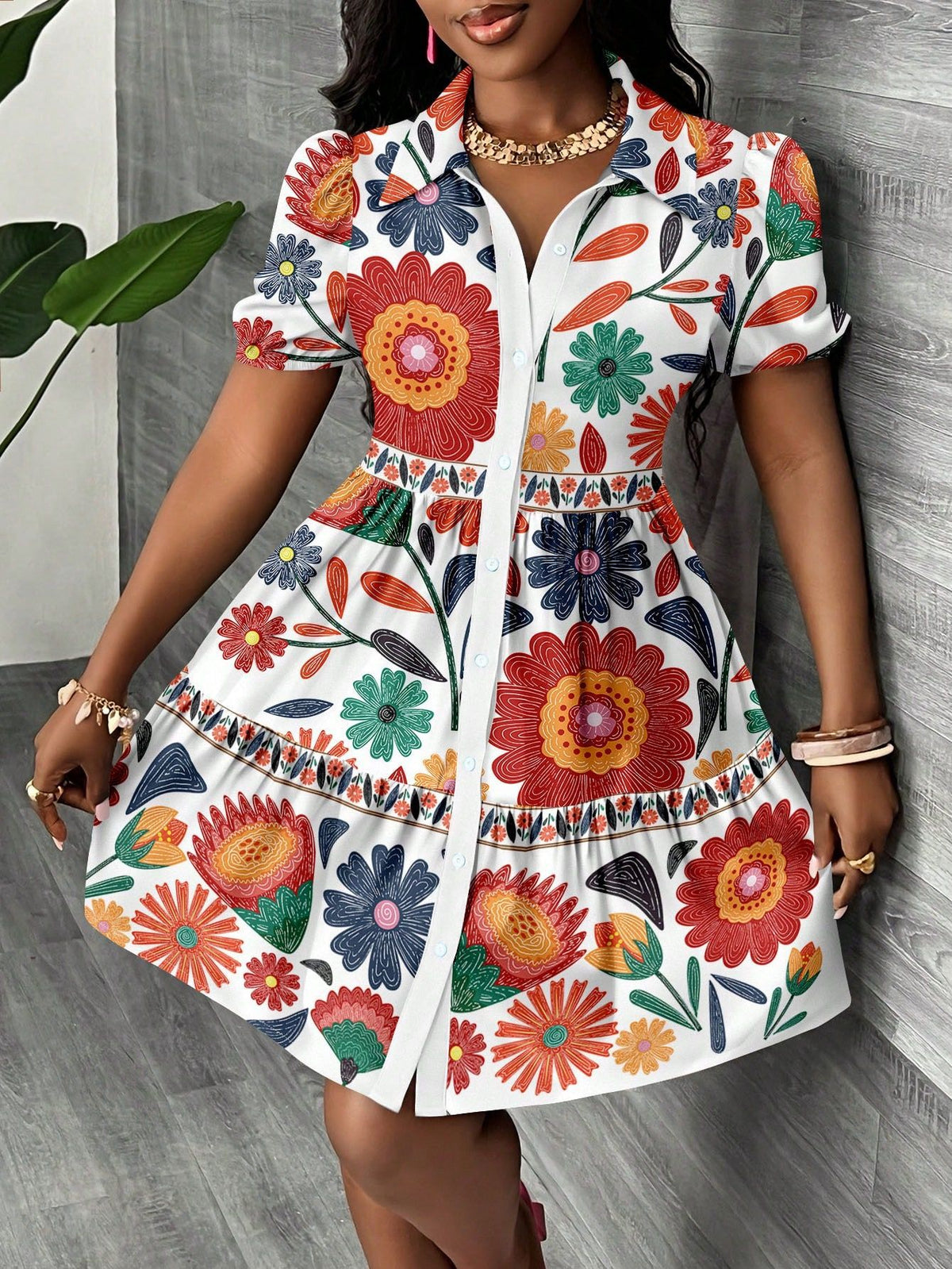 Puff Sleeve Button Front Tiered Mini Dress - White - 1