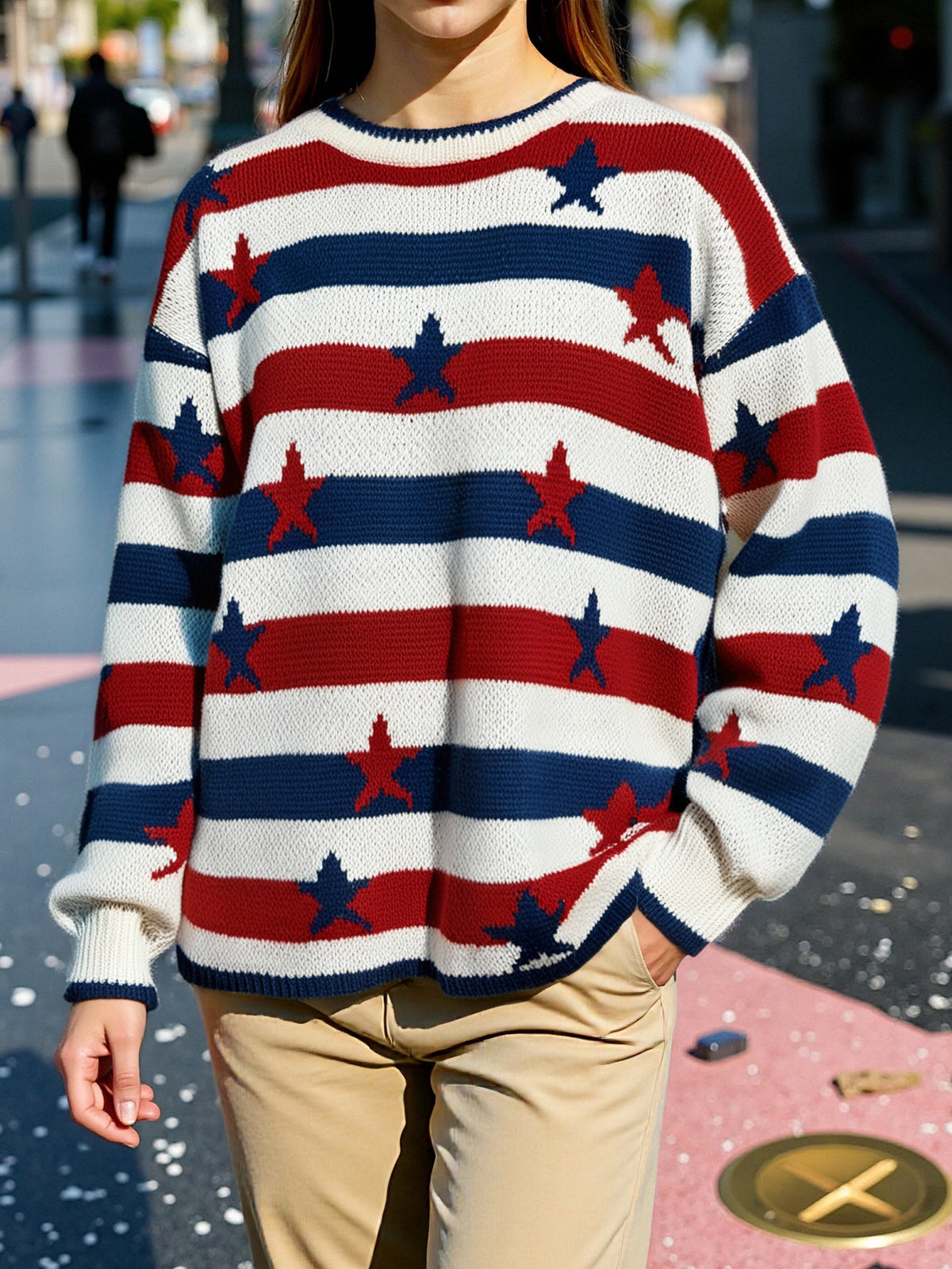 Star and Stripe Oversized Knit Sweater - Blue