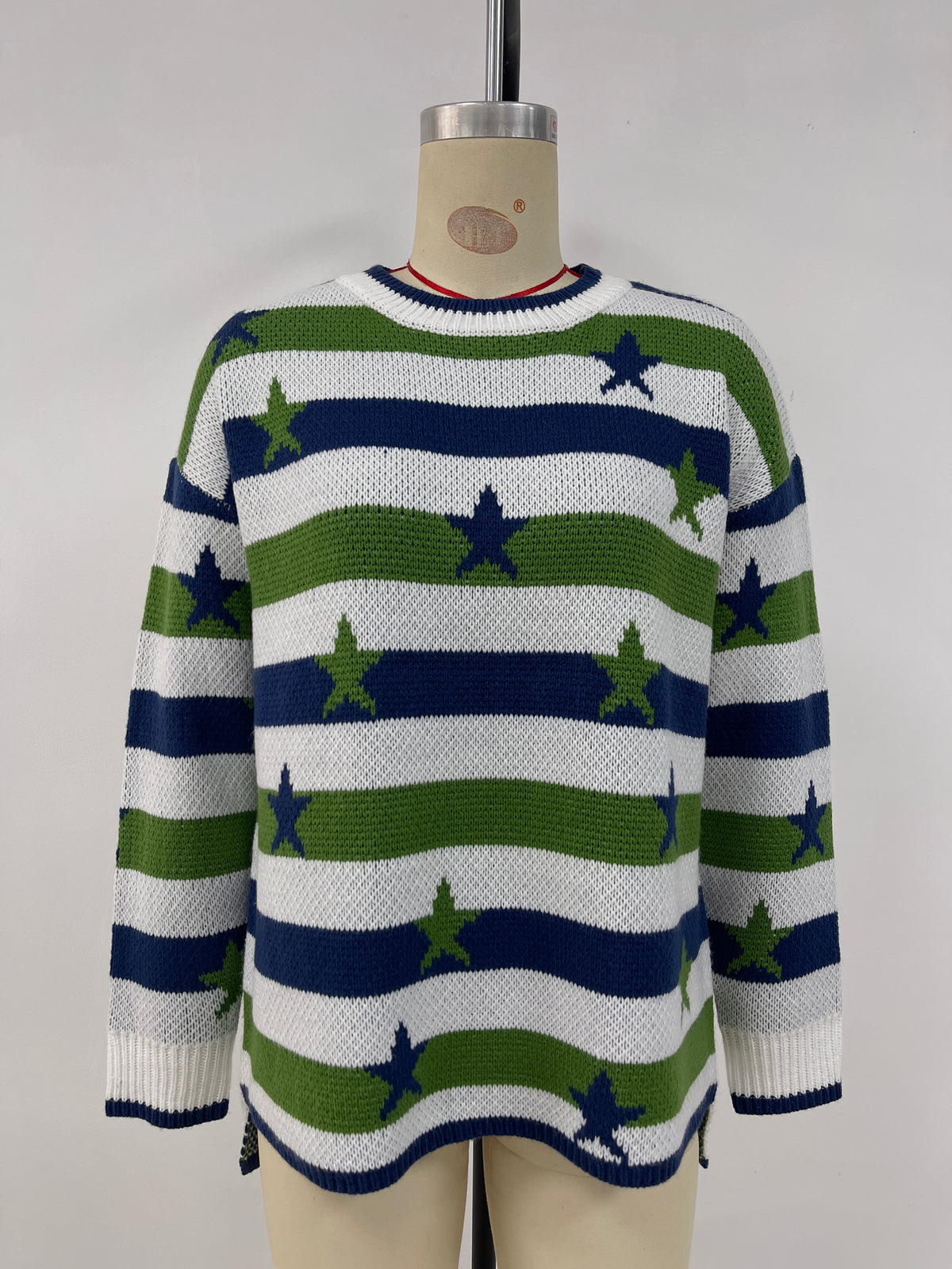 Star and Stripe Oversized Knit Sweater - Green