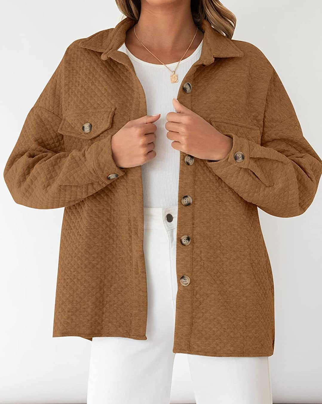 Quilted Textured Button-Up Shirt Jacket - Brown - 1