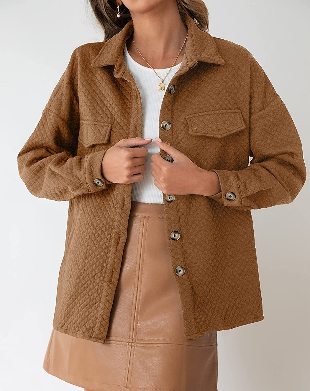 Quilted Textured Button-Up Shirt Jacket - Brown - 2