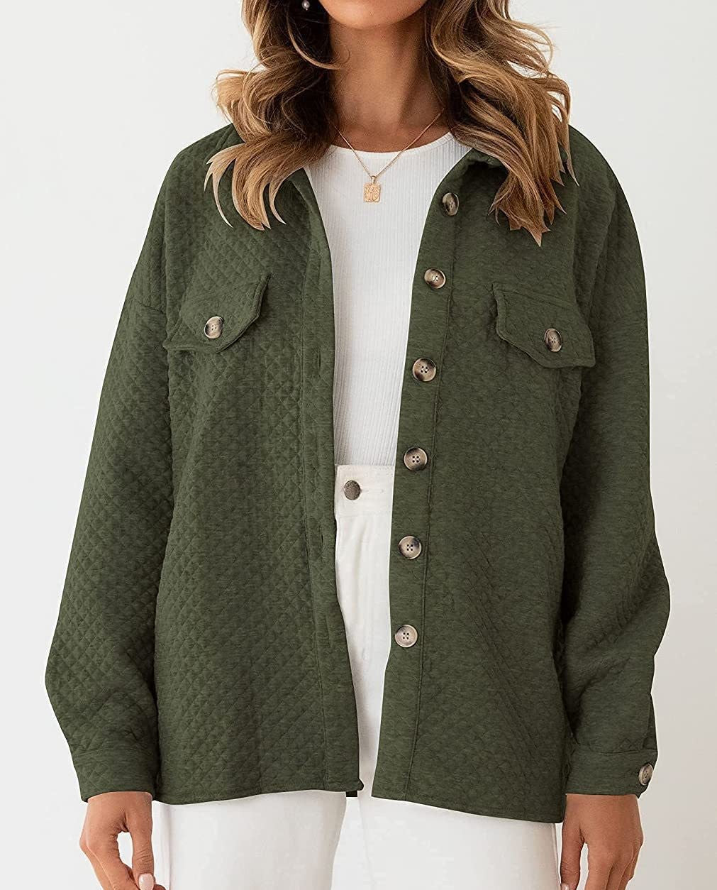 Quilted Textured Button-Up Shirt Jacket - Green