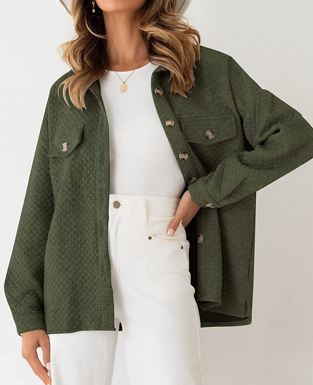 Quilted Textured Button-Up Shirt Jacket - Green - 1