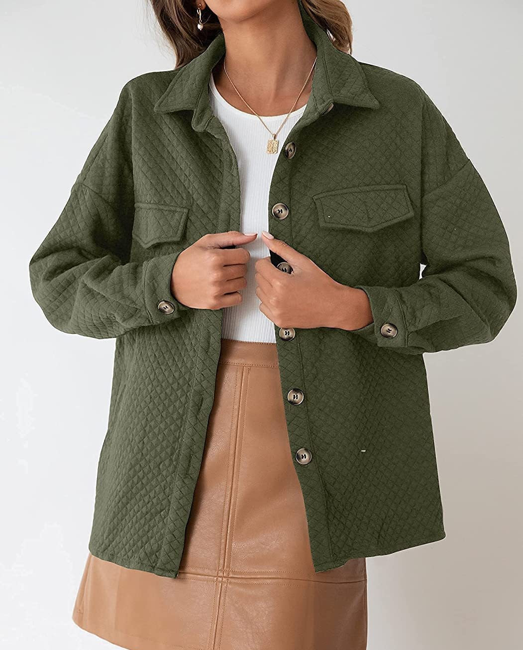Quilted Textured Button-Up Shirt Jacket - Green - 2