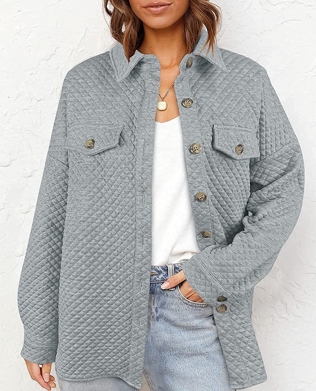 Quilted Textured Button-Up Shirt Jacket - Grey