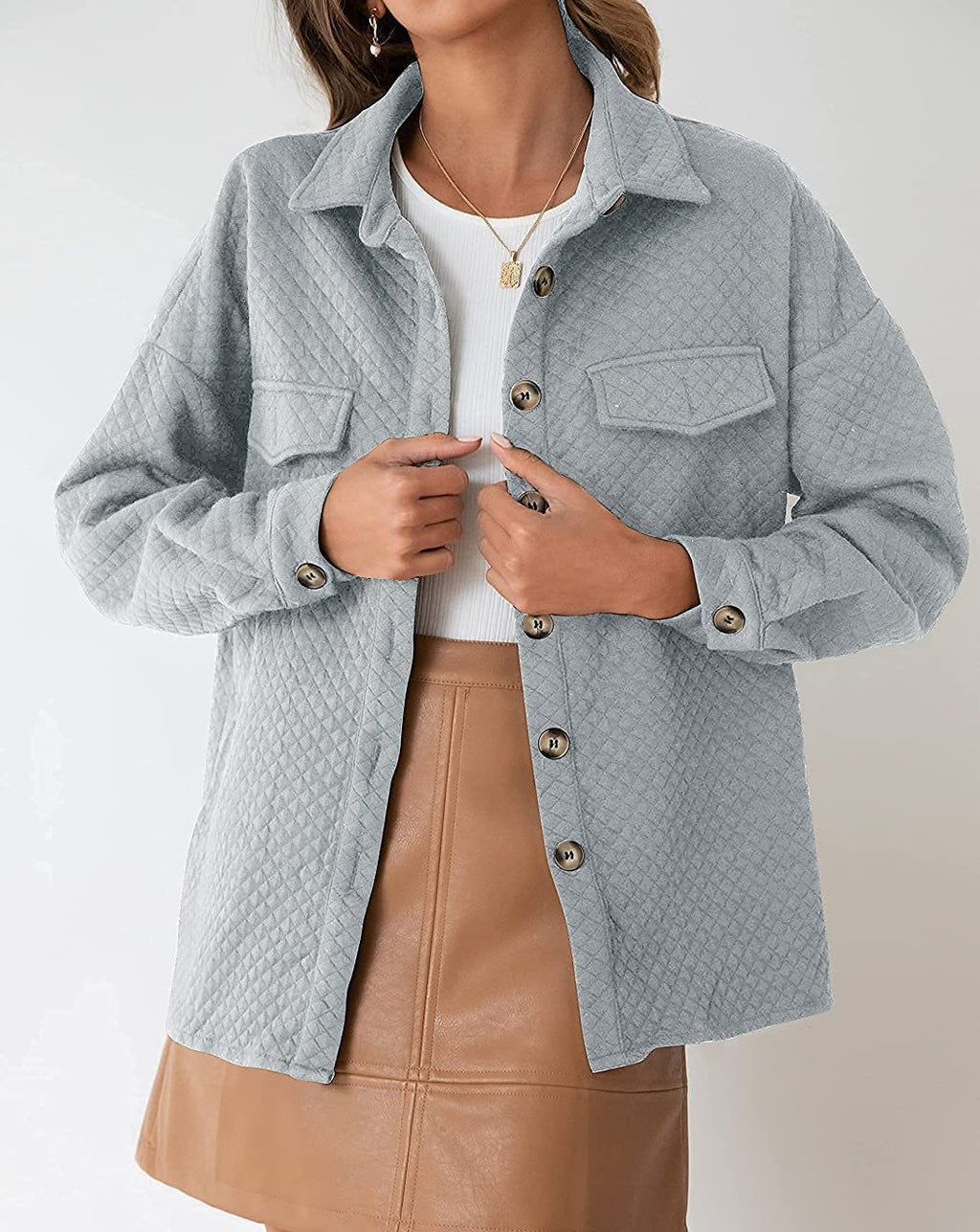 Quilted Textured Button-Up Shirt Jacket - Grey - 1