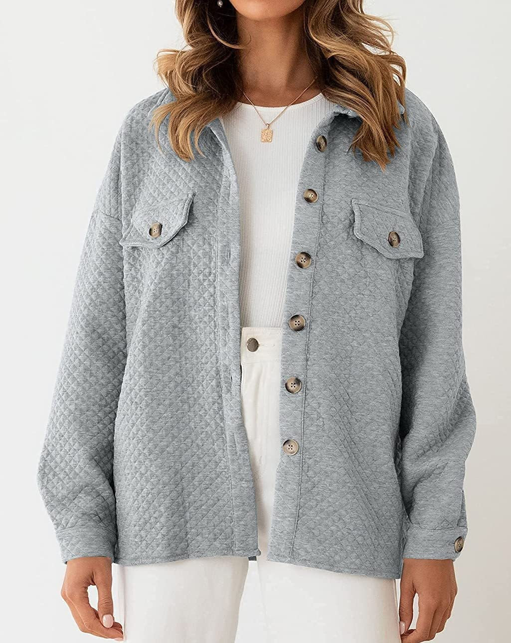Quilted Textured Button-Up Shirt Jacket - Grey - 2