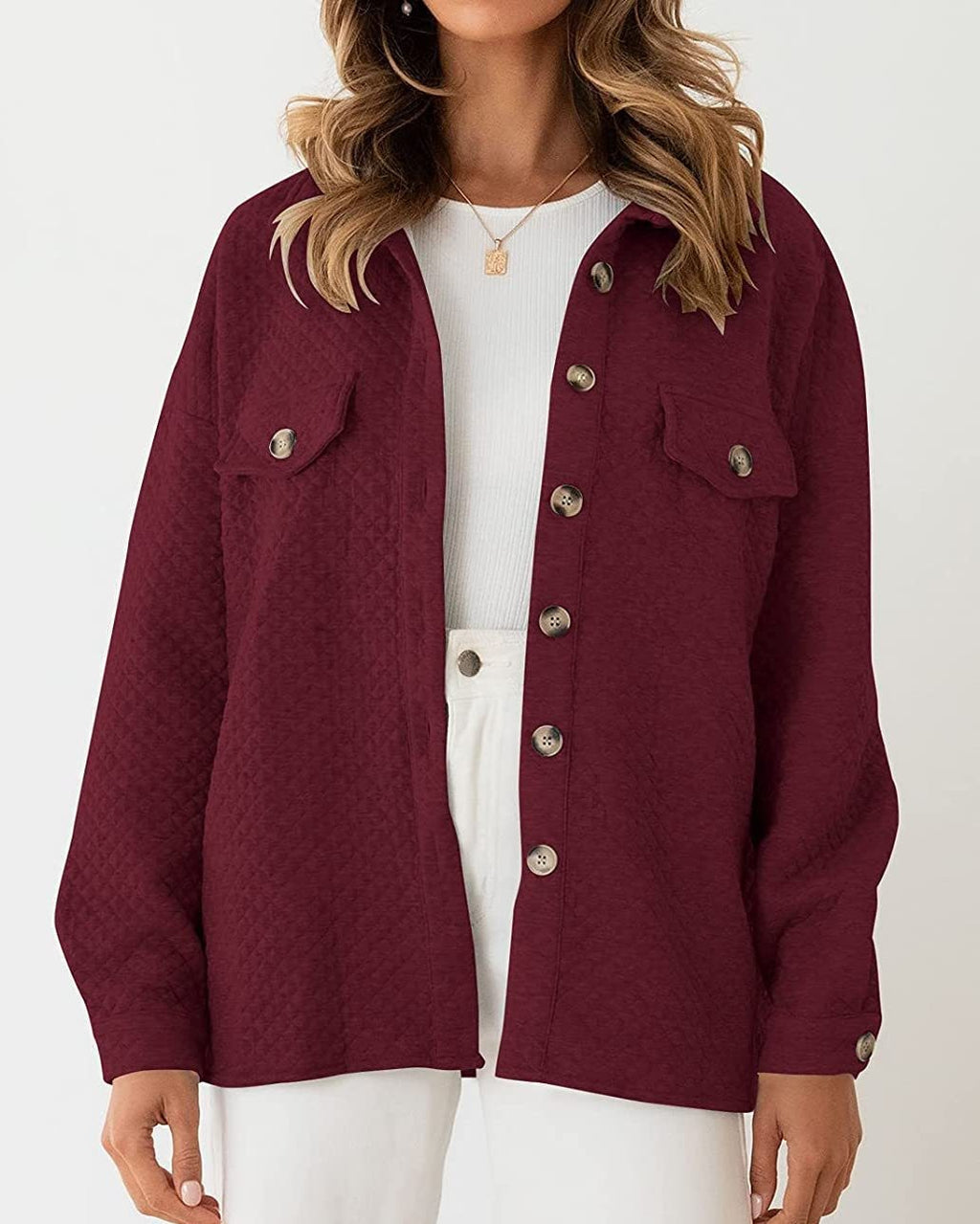 Quilted Textured Button-Up Shirt Jacket - WineRed