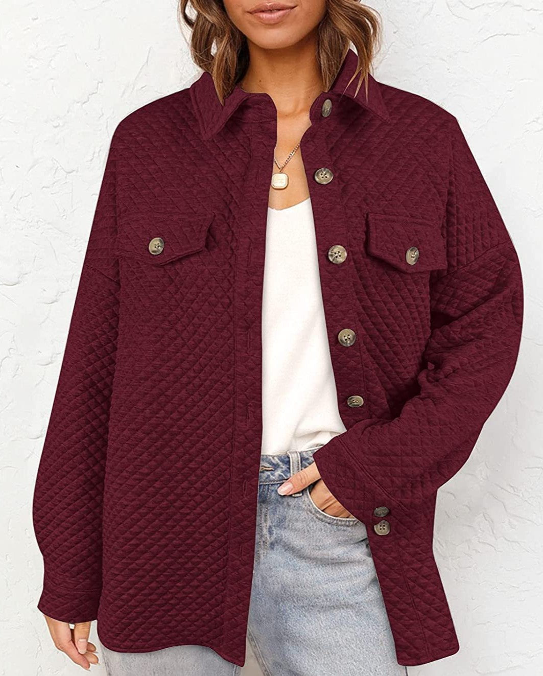Quilted Textured Button-Up Shirt Jacket - WineRed - 1