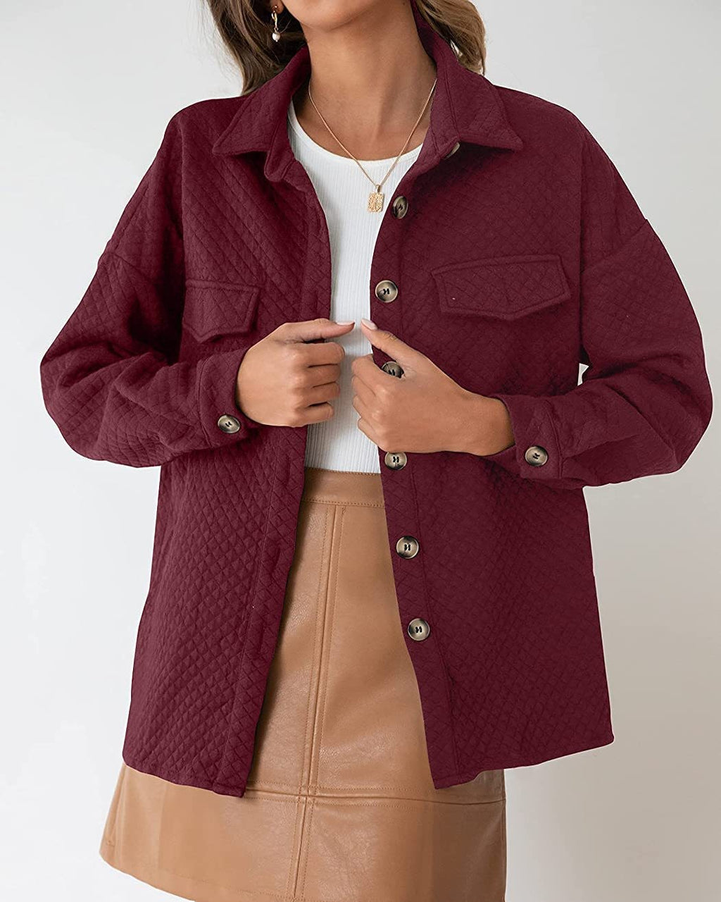 Quilted Textured Button-Up Shirt Jacket - WineRed - 2