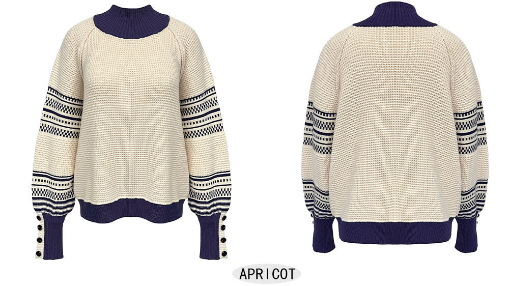 Waffle Knit Mock Neck Striped Sleeve Sweater - Apricot