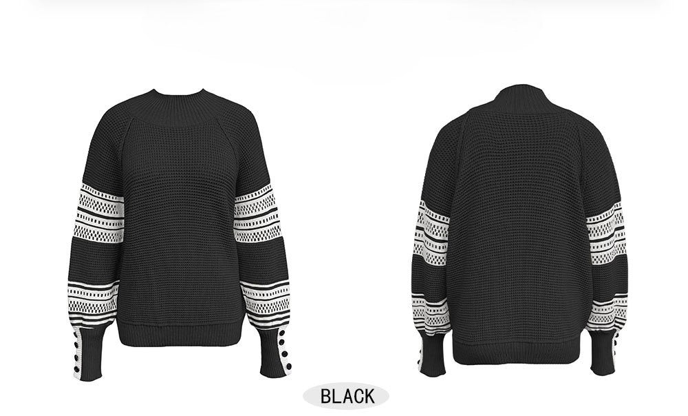 Waffle Knit Mock Neck Striped Sleeve Sweater - Black