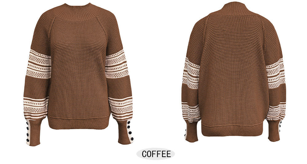 Waffle Knit Mock Neck Striped Sleeve Sweater - Coffee