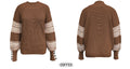 Waffle Knit Mock Neck Striped Sleeve Sweater - Coffee