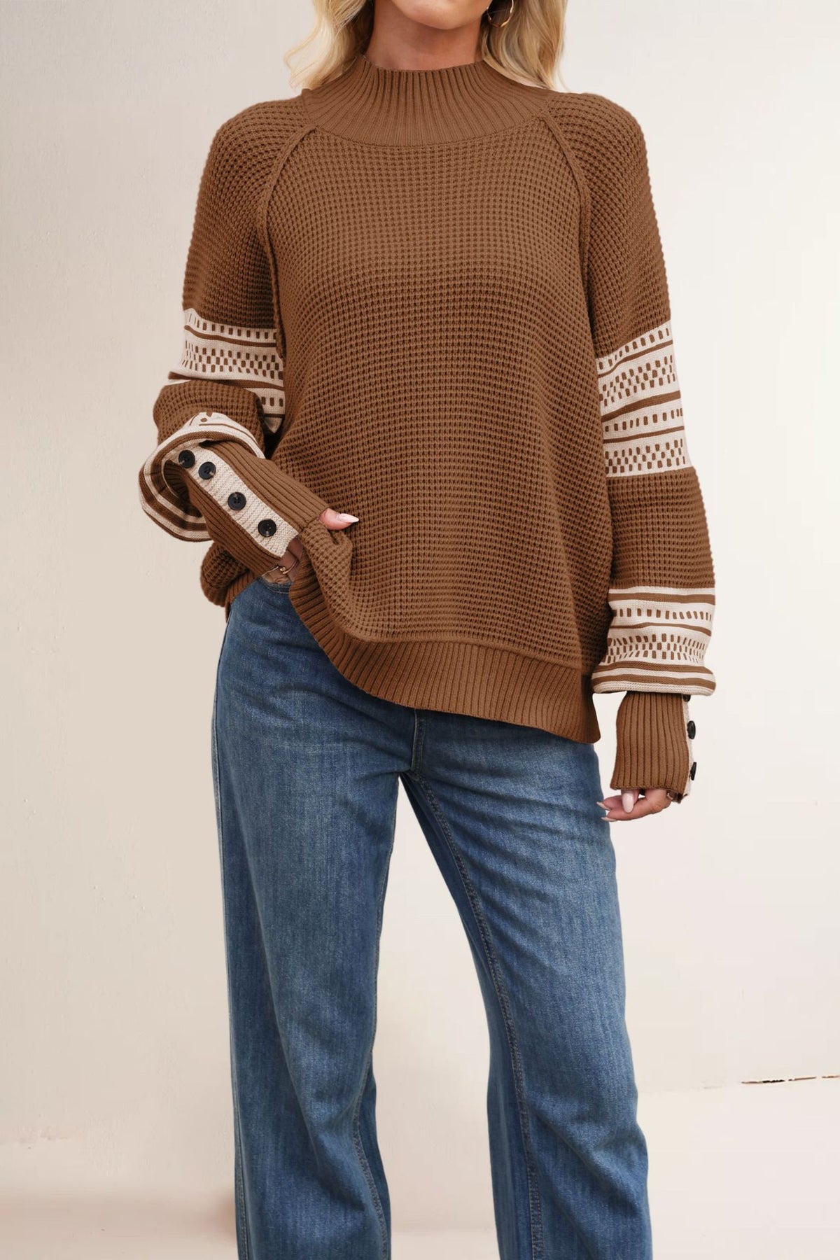 Waffle Knit Mock Neck Striped Sleeve Sweater