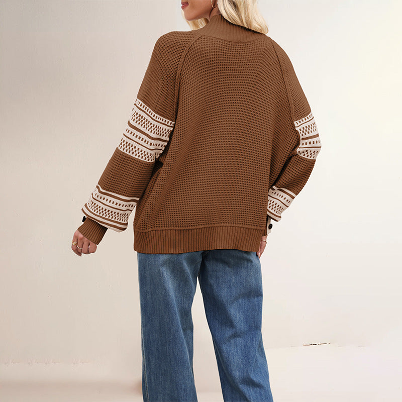 Waffle Knit Mock Neck Striped Sleeve Sweater - view 1