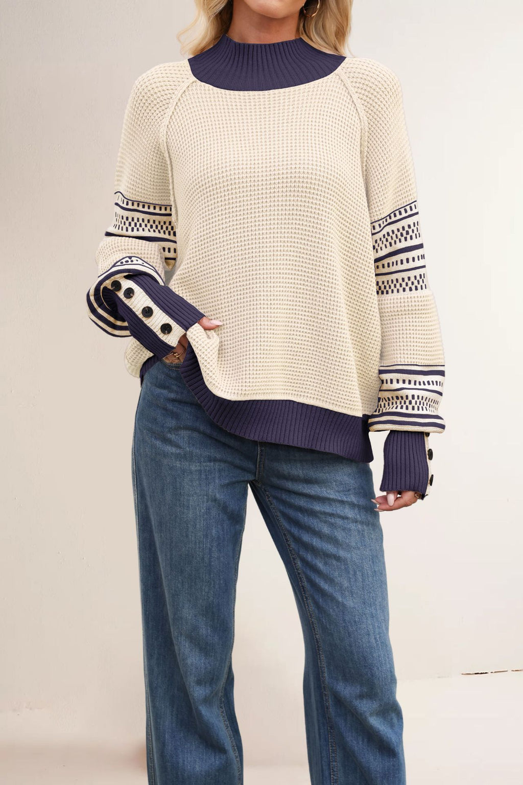Waffle Knit Mock Neck Striped Sleeve Sweater - view 2