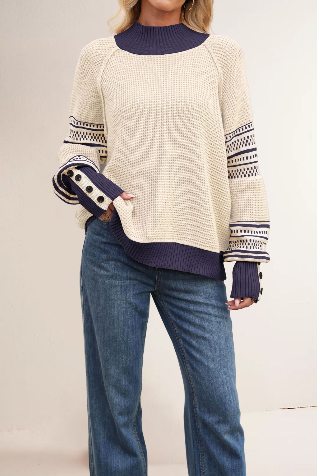 Waffle Knit Mock Neck Striped Sleeve Sweater - view 2