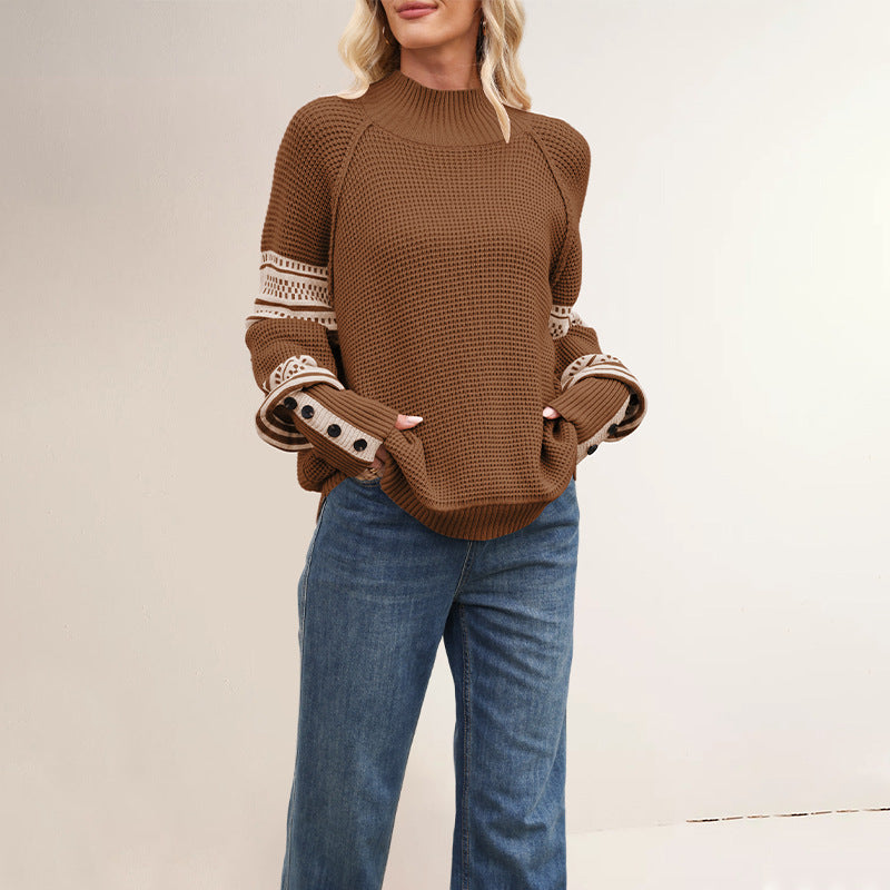 Waffle Knit Mock Neck Striped Sleeve Sweater - view 3