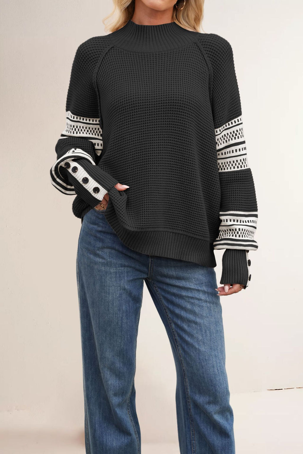 Waffle Knit Mock Neck Striped Sleeve Sweater - view 5