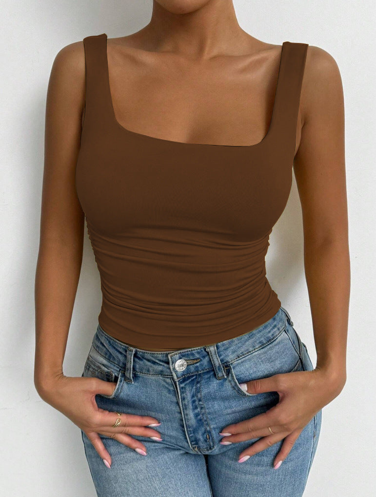 Ruched Square Neck Fitted Tank Top - Coffee