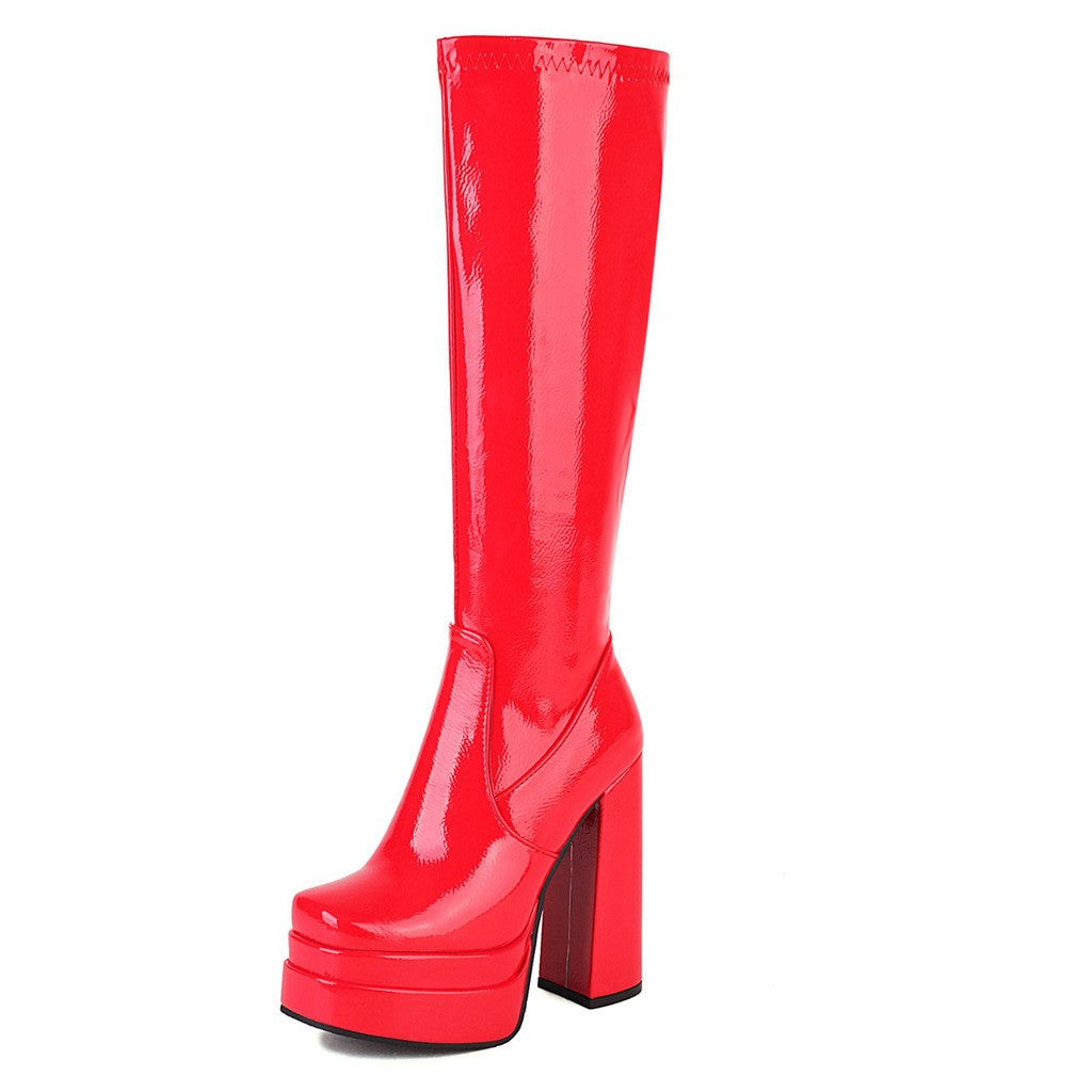 Patent Platform Knee High Boots - Red