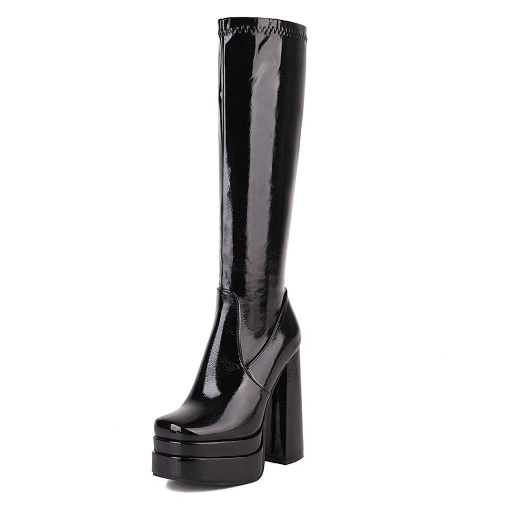 Patent Platform Knee High Boots